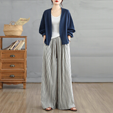 批发实拍2026早<b class='q'>春</b>高级感苎麻开衫外套+条纹直筒慵懒风阔腿裤套装