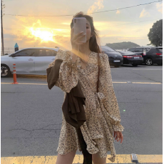 批发2026早春新款韩国chic<b class='q'>秋</b>季法式碎花连衣裙女系带显瘦连衣裙