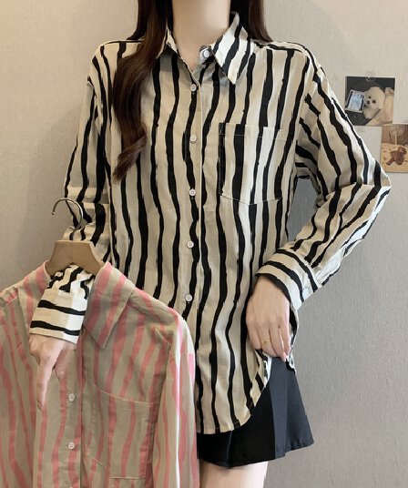 실사 202 가을 의상 새로운 고급 센스 세로 줄무늬 셔츠 루즈핏 캐주얼 다용도 오픈 가디건 아마 맨위