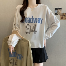 批发实拍夏装新款大码女装高级感字母印花长袖T恤衫套头罩衫