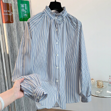 批发实拍2026早<b class='q'>春</b>大码女装法式条纹立领长袖衬衫设计感上衣