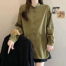 批发实拍新款韩版大码女装<b class='q'>春</b>秋新款双口袋长袖风衣外套衬衫上衣女