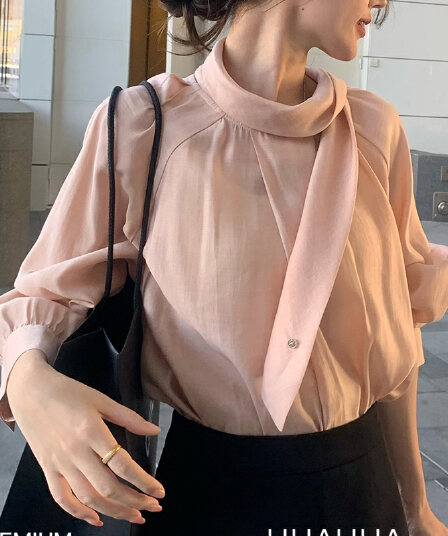 가을 의상 다용도 여성 유럽 니켈 한 부서 라운드 넥 리본 칼라 패션 핑크색 품격 긴팔 여성 셔츠