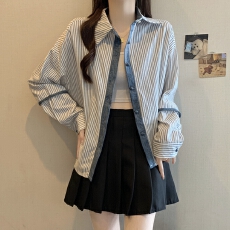 批发实拍秋装新款日韩独特超好看蓝色条纹长袖衬衫小衫法式遮肉上衣