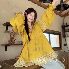 批发秋装新款法式复古镂空<b class='q'>刺绣</b><b class='q'>蕾丝</b>花边灯笼袖衬衫独特别致上衣