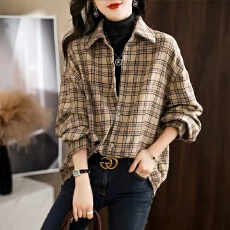 批发秋装新款大码时尚复古韩版百搭叠穿<b class='q'>通勤</b>休闲格纹女式衬衫