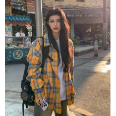 批发秋装黄色格子长袖衬衫薄款宽松ins潮牌<b class='q'>通勤</b>复古小众防晒小外套