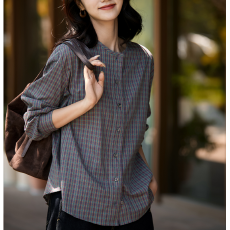 批发秋装新款大码棉麻复古格纹圆领衬衫文艺格子长袖外套女装