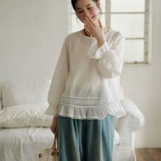 批发欧洲站2025秋季新款欧货甜美刺绣花边圆领泡泡袖荷叶边套头小衫