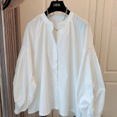 批发复古法式褶皱泡泡袖宽松V领衬衫娃娃衫上衣女拼接设计感小众潮