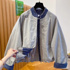 批发秋冬装新款高级感<b class='q'>牛仔</b>拼接<b class='q'>外套</b>女宽松立领棒球服夹克