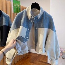 批发秋季新款欧货<b class='q'>牛仔</b>拼接立领<b class='q'>外套</b>宽松休闲百搭短款夹克上衣