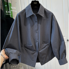 批发秋装新款小众设计感褶皱收腰宽松衬衫女衬衣纯色单排扣翻领上衣