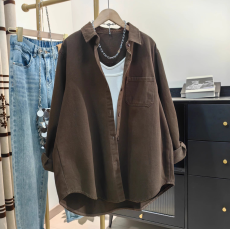 批发秋季新款港味休闲衬衫小众百搭粉色长袖叠穿衬衣外搭上衣