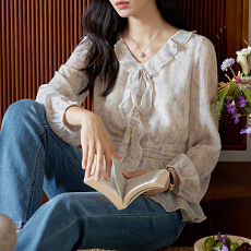 批发秋装新款<b class='q'>大码</b>女装蓝色印花荷叶边绑带长袖衬衫复古收腰显瘦上衣