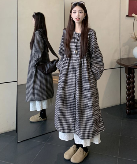 가을 의상 새로운 빅 사이즈 여성 의류 일본식 느긋한 바람 격자 무늬 셔츠 드레스 미니멀리즘 맨위