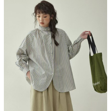 批发已出货春装大码女装法式蓝色条纹立领<b class='q'>长袖</b><b class='q'>衬衫</b><b class='q'>衬衣</b>高级设计感上衣