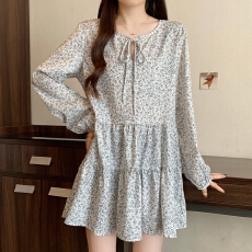 批发春装实拍大码女装高级感小个子v领碎花长袖<b class='q'>连衣裙</b>M-4XL200斤