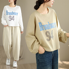 批发实拍春装新款大码女装高级感字母印花长袖T恤棉麻套头衬衫