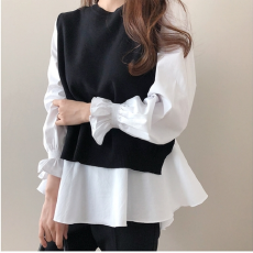 批发春装新款日本乐天新款韩国毛针织马甲套装长袖<b class='q'>衬衫</b>搭配两件套