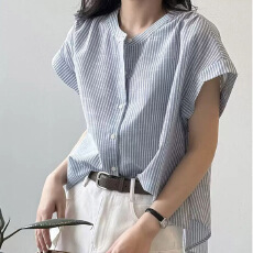 批发夏装新款法式条纹圆领温柔风短袖衬衫女宽松高级感气质上衣