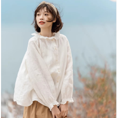 批发春装新款白色衬衫长袖女装宽松木耳边上衣别致法式衬衣