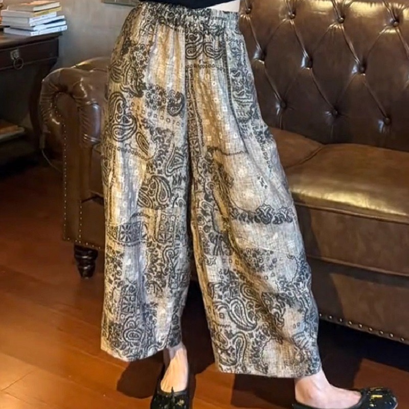 여름 새로운 레트로 프린트 얇은 스타일 루즈핏 넓은 다리 모통이 칼 바지 하이웨이스트 캐주얼 품격 다용도 긴 바지