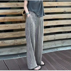 批发夏装韩版时尚休闲直筒阔腿裤女新款大码显瘦百搭薄款条纹裤