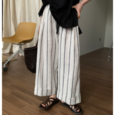 批发夏装新款日系复古色织亚麻竖条纹卷边薄款休闲裤九分阔腿长裤