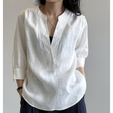 批发夏装新款BOLATU柏拉图气质<b class='q'>娃娃领</b>甜美设计小众白色棉麻料舒适<b class='q'>衬衫</b>