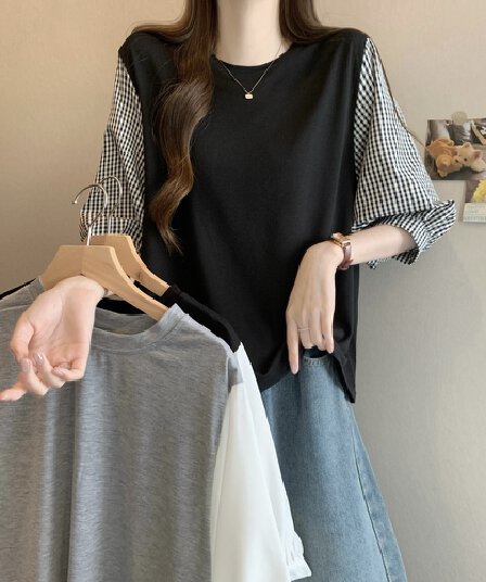 실사 여름 드레스 국경 간 일본과 한국 부서 티셔츠 셔츠 패치워크 색상 Chic 라운드 넥 루즈핏 레트로 디자인 센스 면 맨위