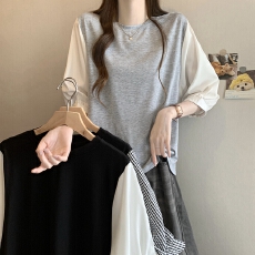 批发<b class='q'>实拍</b>夏装跨境日韩系<b class='q'>t</b><b class='q'>恤</b><b class='q'>衬衫</b>拼色别致圆领宽松复古设计感棉上衣