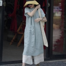 批发夏季新款大码日系法式气质慵懒风大口袋圆领<b class='q'>连衣裙</b><b class='q'>文艺</b>风长袍子