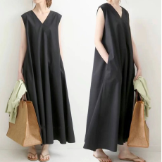 批发夏装新款日韩简约纯色森女V领丝麻背心<b class='q'>连衣裙</b>长裙