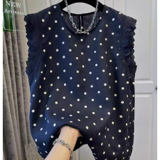 批发夏装新款小飞袖<b class='q'>衬衫</b>大码法式独特波点木耳蕾丝边减龄背心