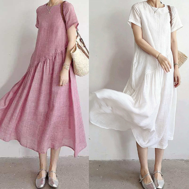 RY3655# 夏季新款棉麻连衣裙女文艺范大码宽松透气无袖纯色亚麻裙
