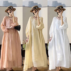 批发秋装新款大码女装粉色纯苎麻纯色大码V领系带连衣裙宽松女裙子