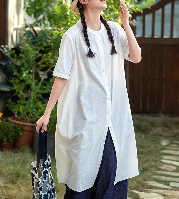 대외 무역 오리지널 일본식 화이트 롱 코트 여성 셔츠 루즈핏 캐주얼 작은 키 라운드 넥 순면 스택 착용 셔츠 치마