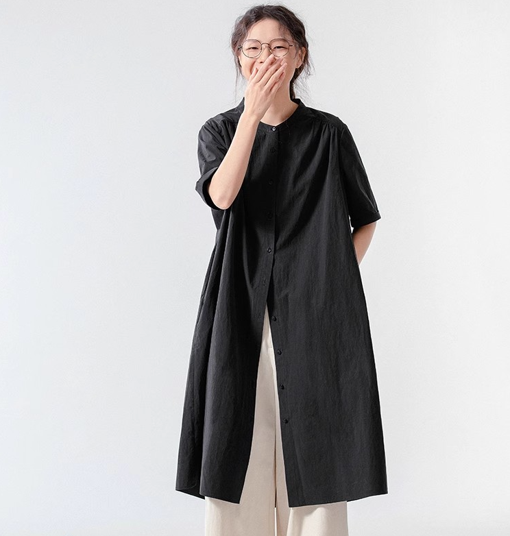 대외 무역 오리지널 일본식 화이트 롱 코트 여성 셔츠 루즈핏 캐주얼 작은 키 라운드 넥 순면 스택 착용 셔츠 치마