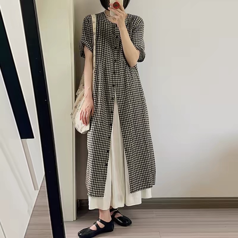 여름 드레스 새로운 빅 사이즈 여성 의류 일본식 느긋한 바람 격자 무늬 셔츠 드레스 미니멀리즘 맨위