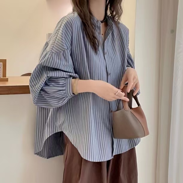 여름 드레스 스트라이프 벌룬 소매 루즈핏 셔츠 캐주얼 작은 외투 루즈핏 슬림해 보이는 일본식 품격 작은 스탠드 칼라 맨위 여성