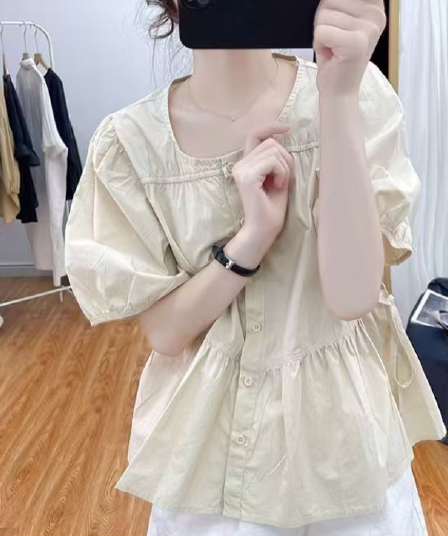 여름 새로운 루즈핏 슬림해 보이는 면 소재 반팔 여성 셔츠 품격 연령 감소 인형 셔츠 신선함 달콤함 작은 셔츠