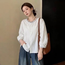 夏装重工刺绣白色七分袖衬衫女新款宽松休闲洋气圆领纯棉小衫上衣