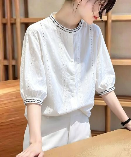 여름 드레스 무거운 작업 자수 화이트 7부 소매 여성 셔츠 새로운 루즈핏 캐주얼 외국 가스 라운드 넥 순면 작은 셔츠 맨위