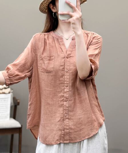 여름 품격 문예 면 린넨 셔츠 단색 출퇴근 캐주얼 다용도 가위 칼라 5 점 소매 맨위 여성