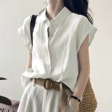批发夏装新款蓝色亚麻棉麻短袖衬衫女夏<b class='q'>通勤</b>穿搭宽松小飞袖蝙蝠袖衬衣
