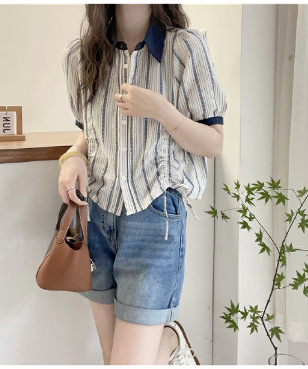 여름 드레스 새로운 세로 줄무늬 폴로 칼라 면 린넨 여성 셔츠 유럽 역 유럽 상품 여성 의류 패션 외국 가스 작은 셔츠 트렌디