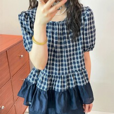 批发夏装新款大码女装格子衬衫泡泡袖宽松甜美减龄旺旺上荷叶边上衣