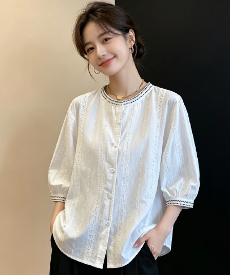 여름 드레스 무거운 작업 자수 화이트 7부 소매 여성 셔츠 새로운 루즈핏 캐주얼 외국 가스 라운드 넥 순면 작은 셔츠 맨위
