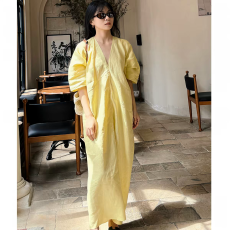 批发夏装新款大码棉麻长裙v领气质连衣裙子女夏款欧若风穿搭26新款